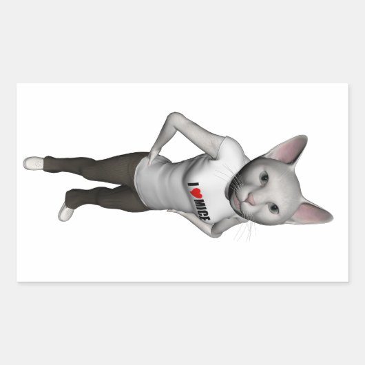 白いおもしろいシャム猫がネズミ 長方形シール (正面)