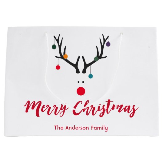 白いおもしろい上のミニマルなクリスマスのトナカイ ラージペーパーバッグ (正面)