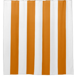 白いおよびオレンジ縦ストライプ シャワーカーテン
