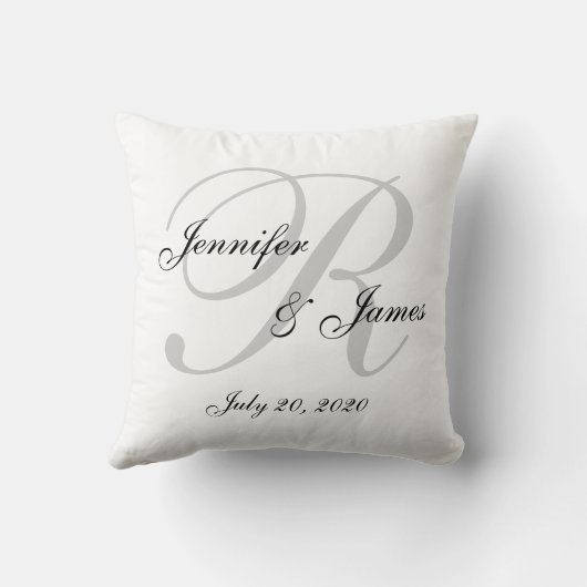 白いおよび灰色のモノグラムの結婚式の記念品の枕 クッション (裏面)