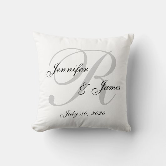 白いおよび灰色のモノグラムの結婚式の記念品の枕 クッション (正面)