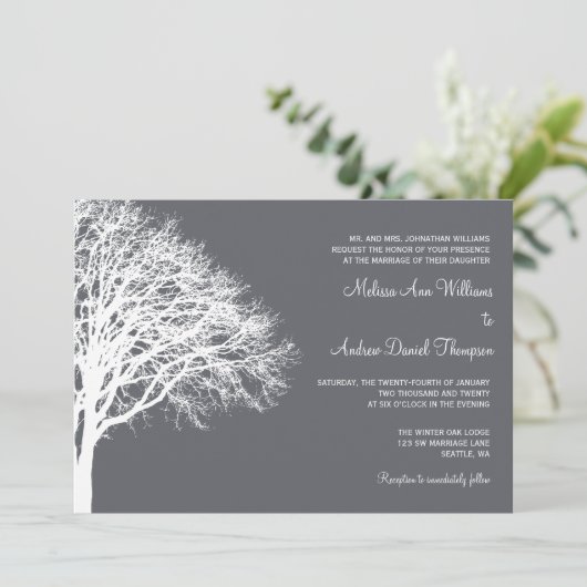 白いおよび灰色の冬のカシの結婚式 招待状 (スタンド正面)