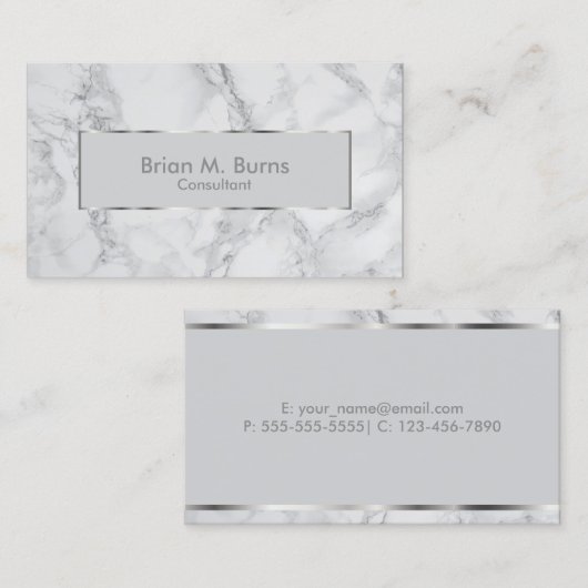 白いおよび灰色の大理石および金属銀製のデザイン 名刺 (正面/裏面)