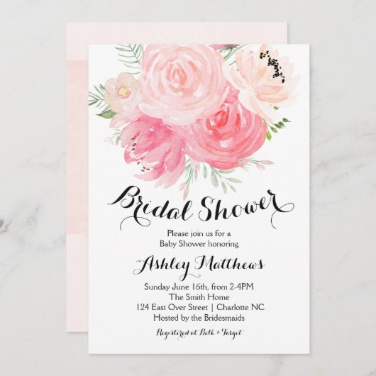 白いおよび紫色の花のブライダルシャワーの招待状 招待状 (正面/裏面)