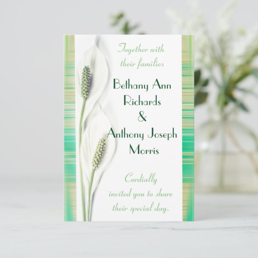 白いおよび緑のオランダカイウユリの結婚式 招待状 (スタンド正面)