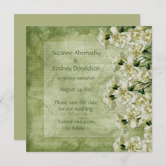 白いおよび緑のカーネーションは日付を救います セーブザデート (正面/裏面)