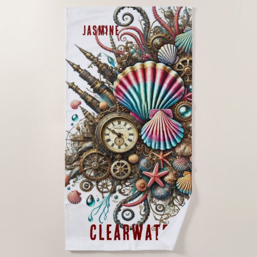 白いお洒落上にホタテ貝の貝殻 ビーチタオル (正面)