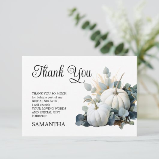 白いかぼちゃとユーカリのグリーン ブライダルシャワー サンキューカード (スタンド正面)
