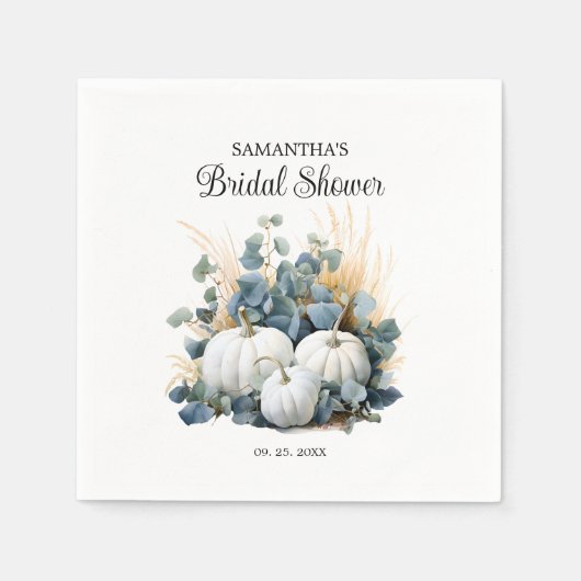 白いかぼちゃとユーカリの緑の ブライダルシャワー スタンダードカクテルナプキン (正面)