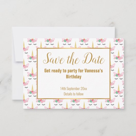 白いかわいらしユニコーンの角日付を保存 案内状 (正面)