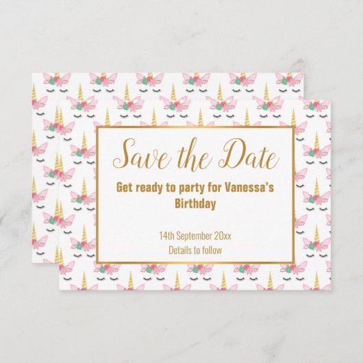 白いかわいらしユニコーンの角日付を保存 案内状 (正面/裏面)