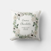 白いかわいらし花と緑のベビー誕生の状態 クッション (正面)