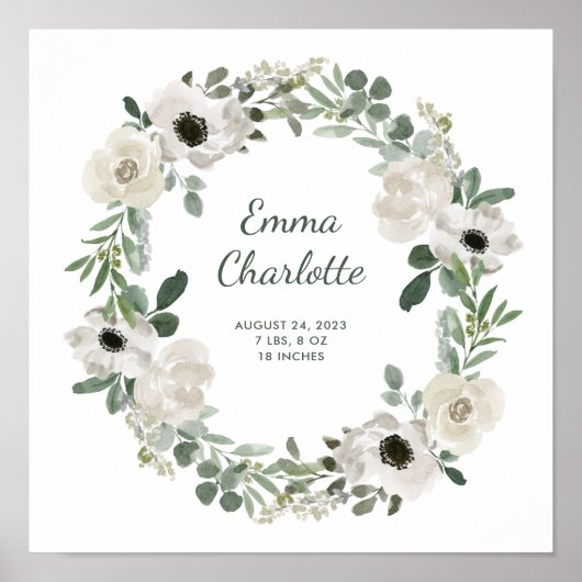 白いかわいらし花と緑のベビー誕生の状態 ポスター (正面)