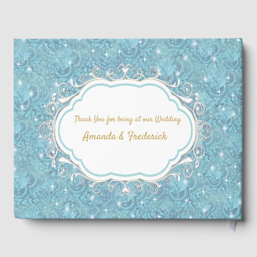 白いきらめきを持つ混色の青い絹のような模様 ゲストブック (裏面)