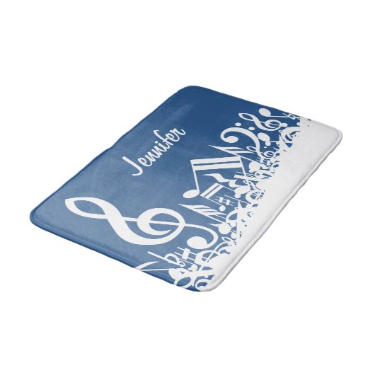 白いごちゃ混ぜの楽譜と大きな三連円 バスマット (アングル)