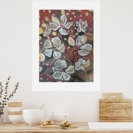 白いさくらんぼが《写真》ぼけ味の背景に咲く ポスター (キッチン)