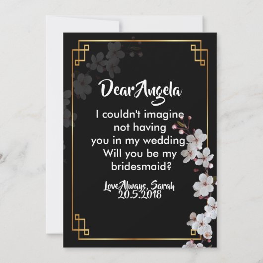 白いさくらんぼの花とゴールデンフレームブライドメイド 招待状 (裏面)