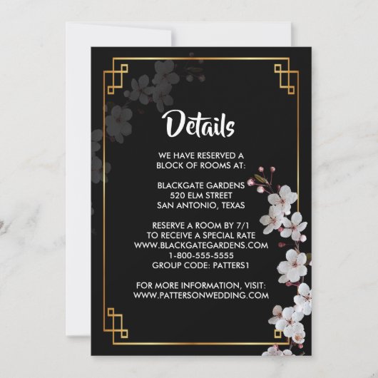 白いさくらんぼの花と金色の枠の囲い 招待状 (正面)