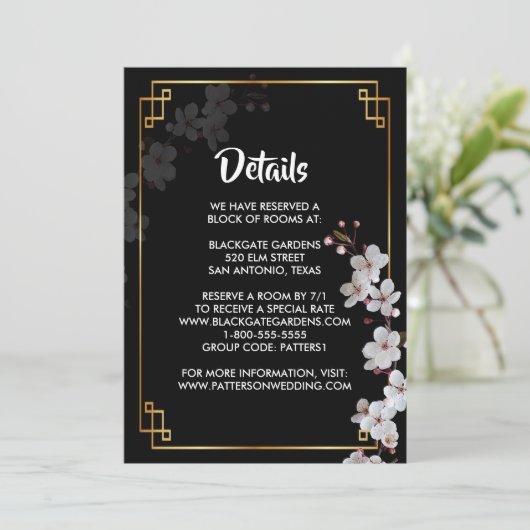 白いさくらんぼの花と金色の枠の囲い 招待状 (スタンド正面)