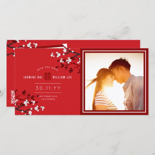 白いさくらんぼの花二重幸福アジアの写真 セーブザデート (正面/裏面)