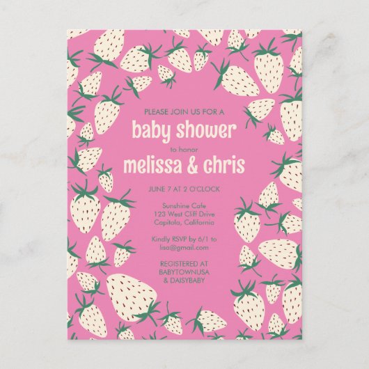 白いちごキュートなパイネリカスタムーのベビーシャワー インビテーションポストカード (正面)