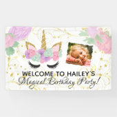 白いですかピンクの女の子の写真のユニコーンの誕生会 横断幕 (横)