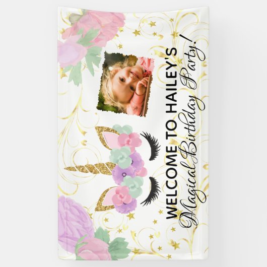 白いですかピンクの女の子の写真のユニコーンの誕生会 横断幕 (縦)