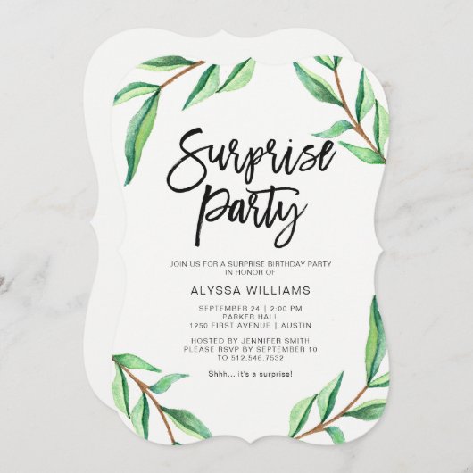 白いびっくりパーティの最小主義の緑の葉 招待状 (正面/裏面)