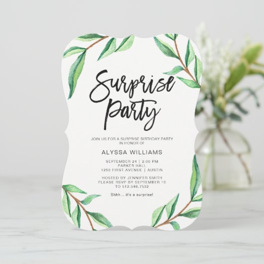 白いびっくりパーティの最小主義の緑の葉 招待状 (スタンド正面)