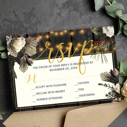 白いアイボリーの花の素朴な冬の結婚式 出欠カード