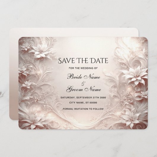 白いアイボリーフローラ日付カードの保存 セーブザデート (正面/裏面)