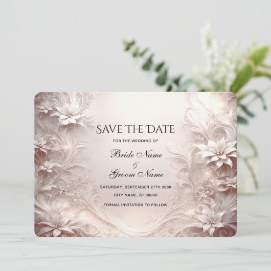 白いアイボリーフローラ日付カードの保存 セーブザデート (スタンド正面)