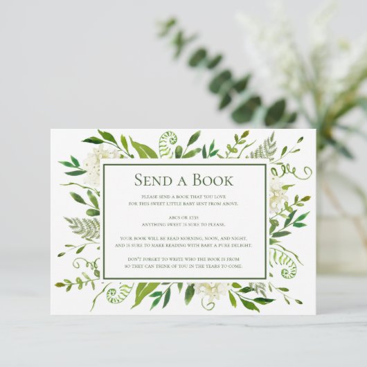 白いアジサイが本を送るバーチャル赤ちゃんシャワー エンクロージャーカード (スタンド正面)