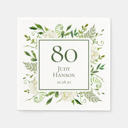 白いアジサイの80歳の誕生日 スタンダードカクテルナプキン (正面)