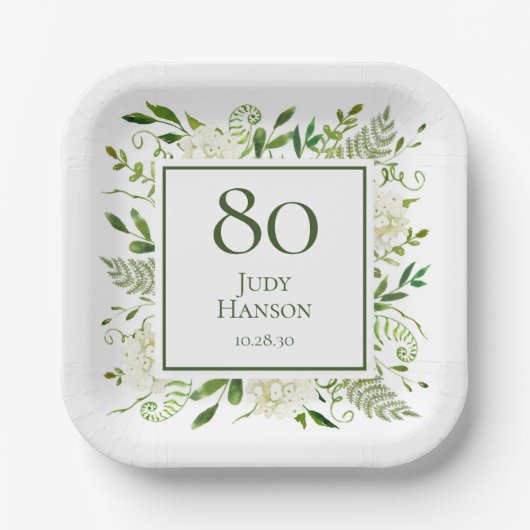 白いアジサイの80歳の誕生日 ペーパープレート (正面)
