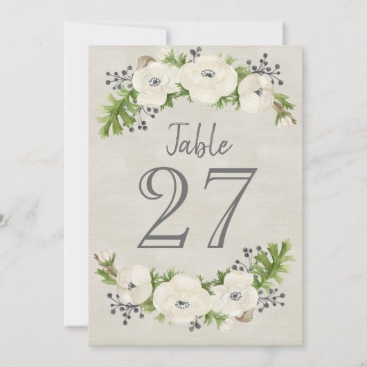 白いアネモネの水彩花モチーフのテーブルナンバーカード 招待状 (正面)