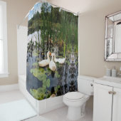 白いアヒル、ユリのパッド、カタイル、湖の海岸 シャワーカーテン (インサイチュ)