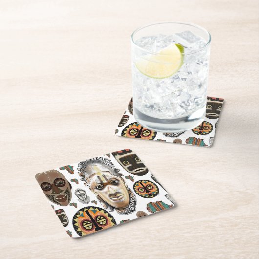 白いアフリカのマスクパターン スクエアペーパーコースター (インサイチュ)