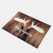 白いアメリカヘラジカの(雄ジカの)枝角の納屋木板 ドアマット (アングル)