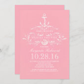 白いアンカーの海事ピンクの結婚前お祝い招待状 招待状 (正面/裏面)