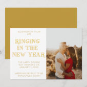 白いアートデコモダン写真お正月エンゲージメント 案内状 (正面/裏面)