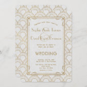 白いアールデコ金ゴールド1920s結婚式の招待 招待状 (正面/裏面)