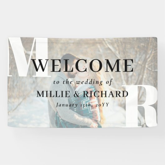 白いイニシャルの大きなモダン写真結婚の歓迎 横断幕 (横)