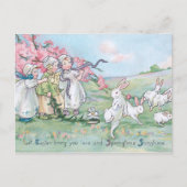 白いイースターバニーと一緒にいるヴィンテージの子供たち ポストカード (正面)