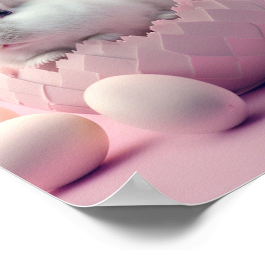 白いイースターバニーと卵のピンクの背景 ポスター (角)