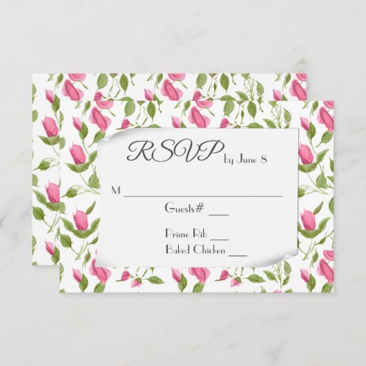 白いウェディングの返信にピンクのバラの蕾のデザイン 出欠カード (正面/裏面)