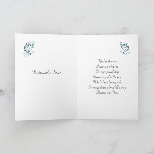白いウェディングドレスとターコイズの背景に渦巻き模様のブライズメイド 招待状 (内部)