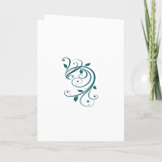 白いウェディングドレスとターコイズの背景に渦巻き模様のブライズメイド 招待状 (裏面)