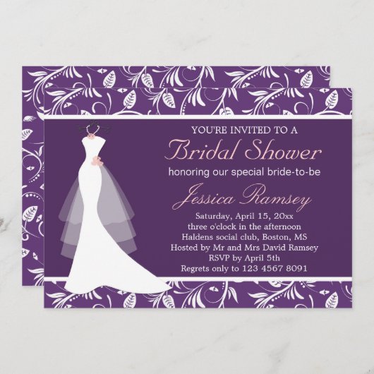 白いウェディングドレスのブライダルシャワーの招待状 招待状 (正面/裏面)