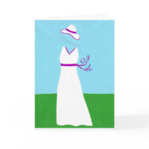 白いウェディングドレスの紫色のリボンの招待状カード